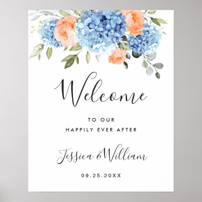 Affiche Élégant Hydrangea Bleu Roses Rouge Blush Mariage (Devant)