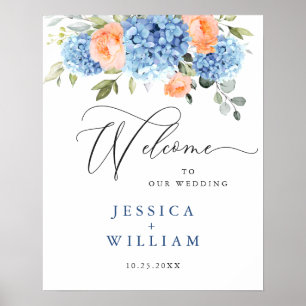 Affiche Élégant Hydrangea Bleu Roses Rouge Foncé Mariage
