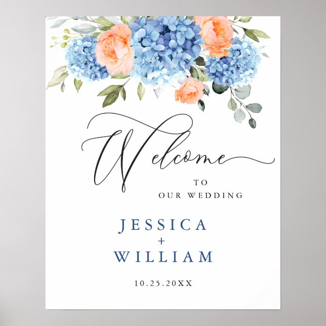Affiche Élégant Hydrangea Bleu Roses Rouge Foncé Mariage (Devant)