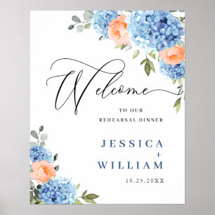 Affiche Élégant Hydrangea Bleu Roses Rouge Teint Mariage