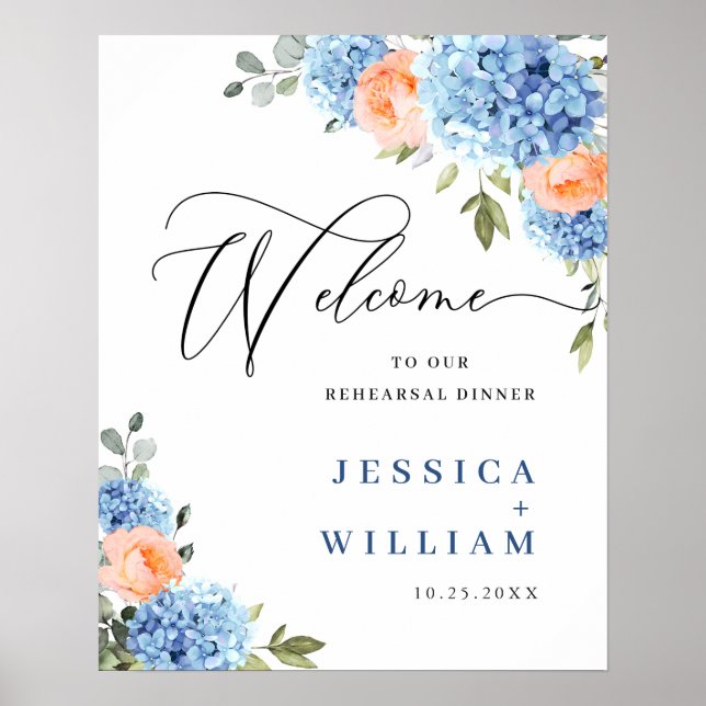 Affiche Élégant Hydrangea Bleu Roses Rouge Teint Mariage (Devant)