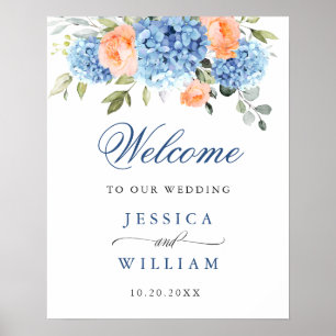 Affiche Élégant Hydrangea Bleu Roses Rouge Teintée Mariage