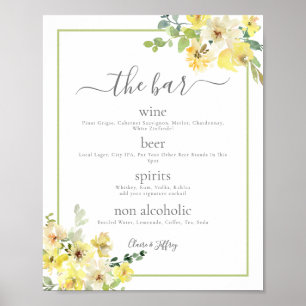 Affiche Elégant Jaune Floral Sage Green Mariage Bar Menu