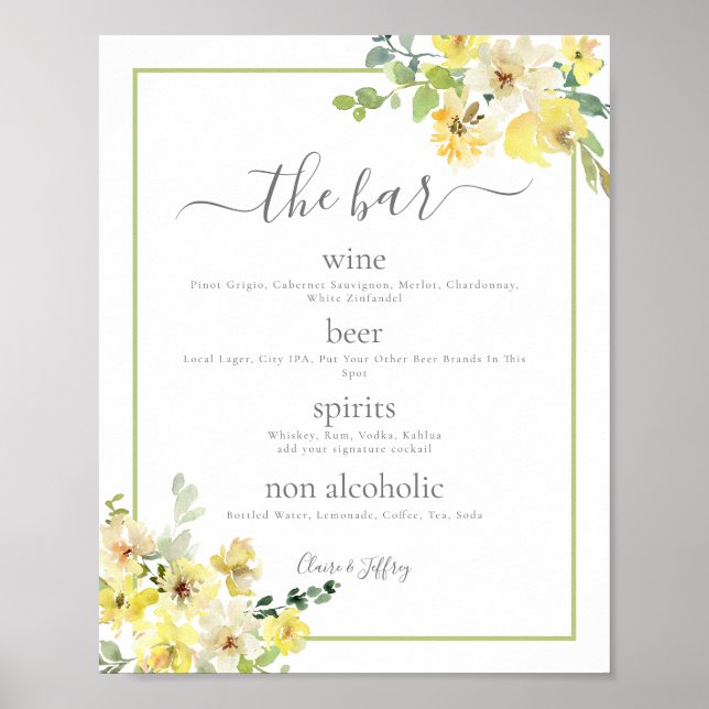 Affiche Elégant Jaune Floral Sage Green Mariage Bar Menu (Devant)