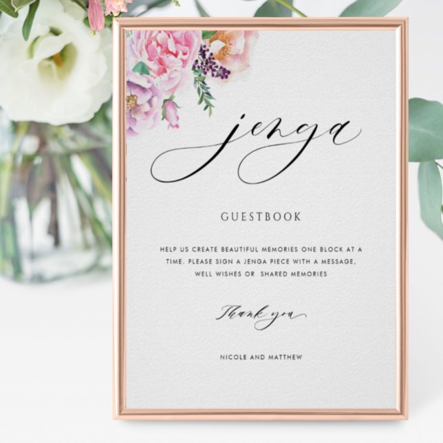 Affiche Elegant Jenga Guestbook Pastel Floral Wedding Sign (Créateur téléchargé)