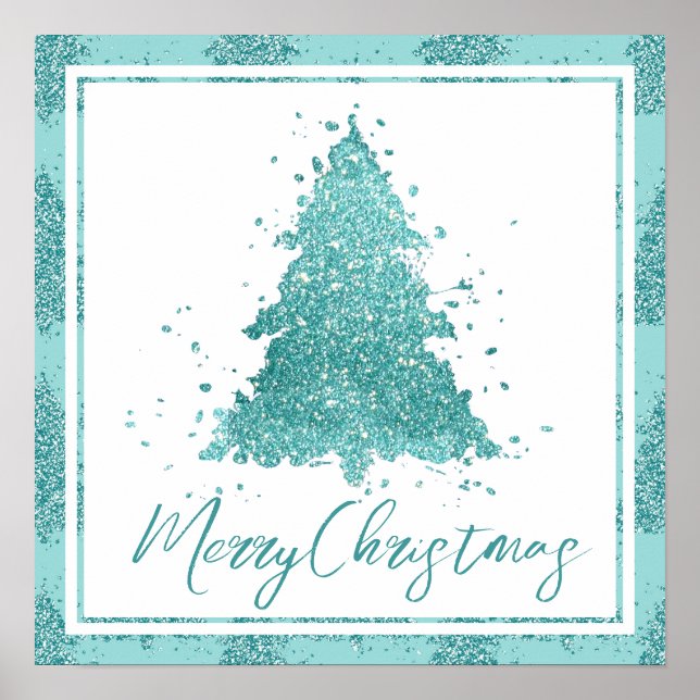 Affiche Élégant Joyeux Noël | Luxe Aqua Mint Splatter (Devant)