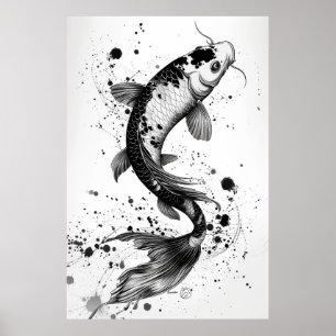 Affiche Élégant Koi Poisson Étang noir Stroke plat Illustr