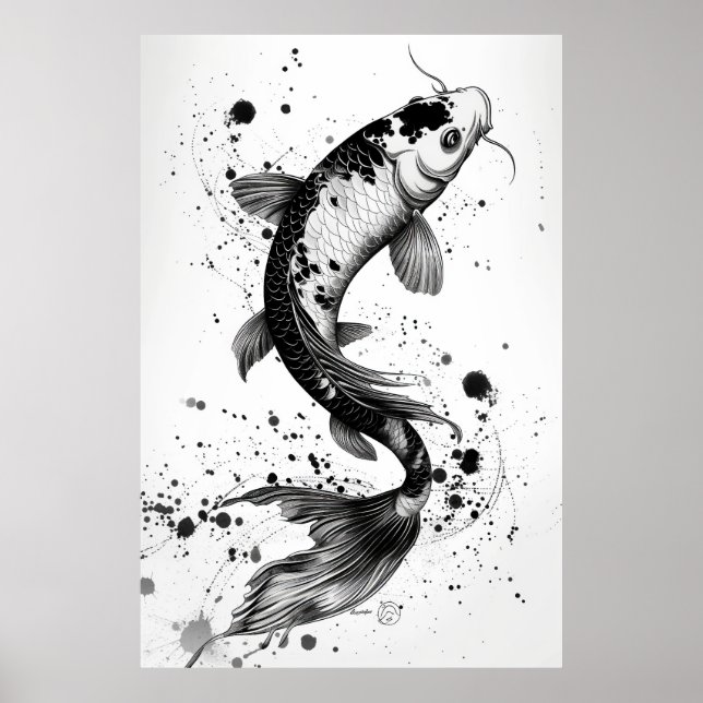 Affiche Élégant Koi Poisson Étang noir Stroke plat Illustr (Devant)
