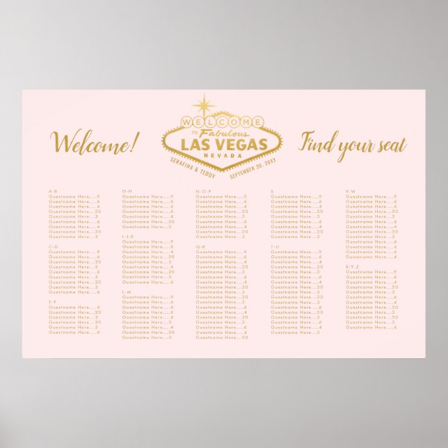 Affiche Elégant Las Vegas Mariage Pink Gold Seize Chart (Devant)