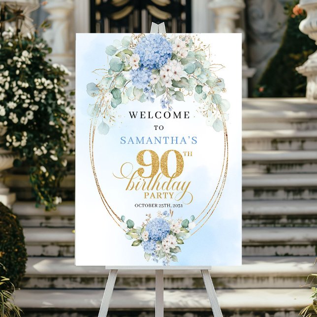 Affiche Elegant Light Blue Hydrangeas 90 Birthday Welcome (Elegant Light Blue Hydrangeas 90th Birthday Welcome)