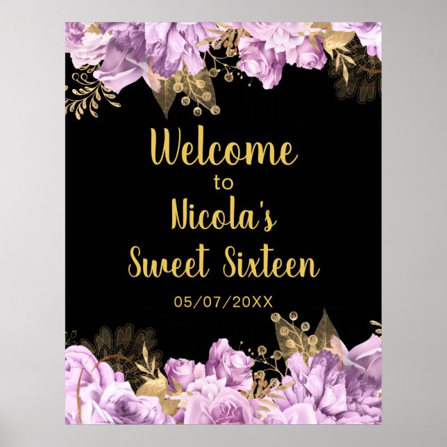 Affiche Elegant Lilac and Gold Flowers Sweet Sixteen  (Devant)