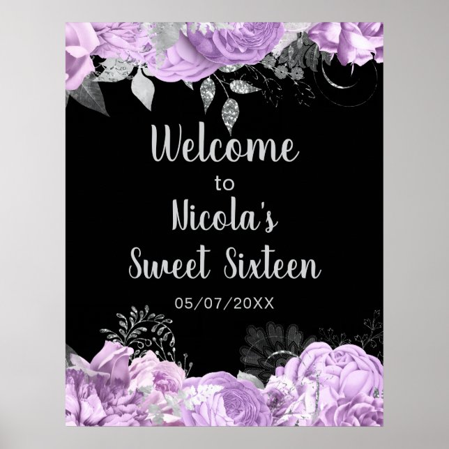Affiche Elegant Lilac and Silver Flowers Sweet Sixteen (Devant)