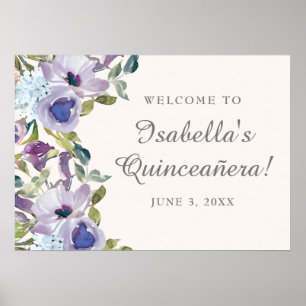 Affiche Elégant Lilac Blue Floral Quinceañera Bienvenue