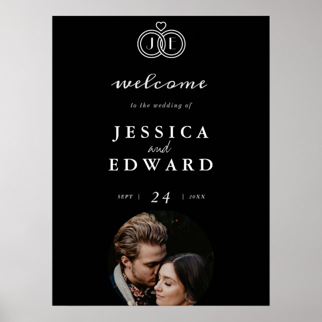 Affiche Élégant Luxe Noir Blanc Monogramme Photo Mariage (Devant)