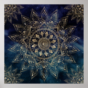 Affiche Elégant Mandala Gold Blue Galaxy