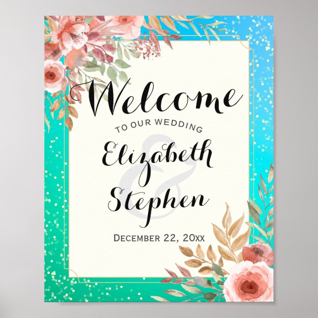 Affiche Élégant Mariage Bienvenue Fleurs Roses Points Doré (Devant)