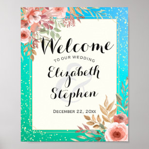 Affiche Elégant Mariage Bienvenue Pink Floral Turquoise Go