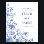 Affiche Élégant mariage bleu blanc de bienvenue en chinois<br><div class="desc">Cette conception inspirée de la chinoiserie présente des florales botaniques élégantes et de la verdure en bleu et blanc de Delft. Personnalisez l'invitation avec vos détails et si vous souhaitez réorganiser davantage le style et l'emplacement du texte,  veuillez appuyer sur le bouton "Cliquez pour personnaliser davantage".</div>