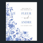 Affiche Élégant mariage bleu blanc de bienvenue en chinois<br><div class="desc">Cette conception inspirée de la chinoiserie présente des florales botaniques élégantes et de la verdure en bleu et blanc de Delft. Personnalisez l'invitation avec vos détails et si vous souhaitez réorganiser davantage le style et l'emplacement du texte,  veuillez appuyer sur le bouton "Cliquez pour personnaliser davantage".</div>