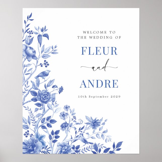 Affiche Élégant mariage bleu blanc de bienvenue en chinois (Devant)