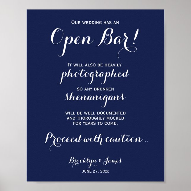 Affiche Élégant Mariage bleu marine Open Bar Sign 8x10 (Devant)