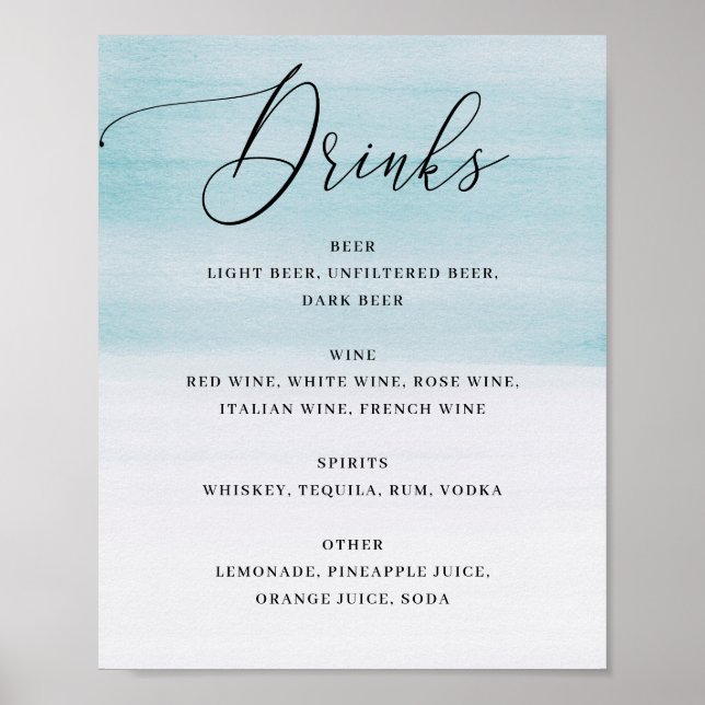 Affiche Élégant mariage côtier | Boissons aquarelle bleue (Devant)