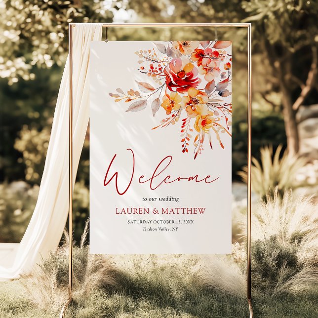 Affiche Elégant Mariage de automne Floral Aquarelle Bienve (Elegant rustic fall watercolor floral welcome to our wedding poster)