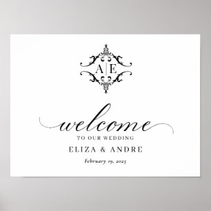 Affiche Élégant Mariage de monogramme noir et blanc