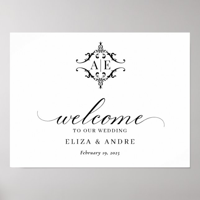 Affiche Élégant Mariage de monogramme noir et blanc (Devant)