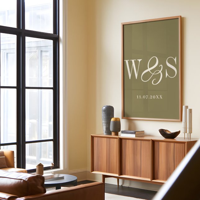 Affiche Élégant mariage des initiales de couple vert olive (Créateur téléchargé)