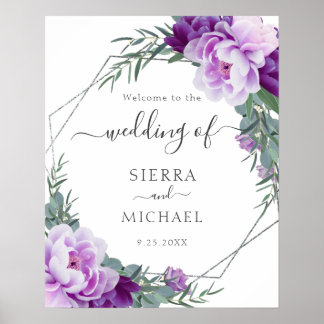 Affiche Elégant Mariage d'Eucalyptus Floral Argent & Viole