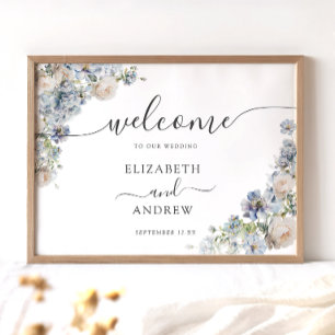 Affiche Élégant Mariage Floral Bleu et Blanc