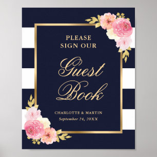Affiche Élégant Mariage Floral Rose Bleu Signal
