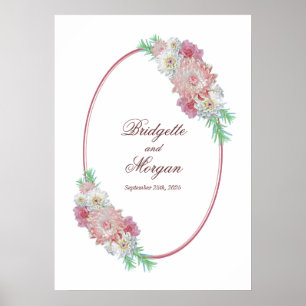 Affiche Élégant Mariage floral rose de la frontière ovale