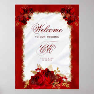 Affiche Élégant Mariage Floral Rouge or