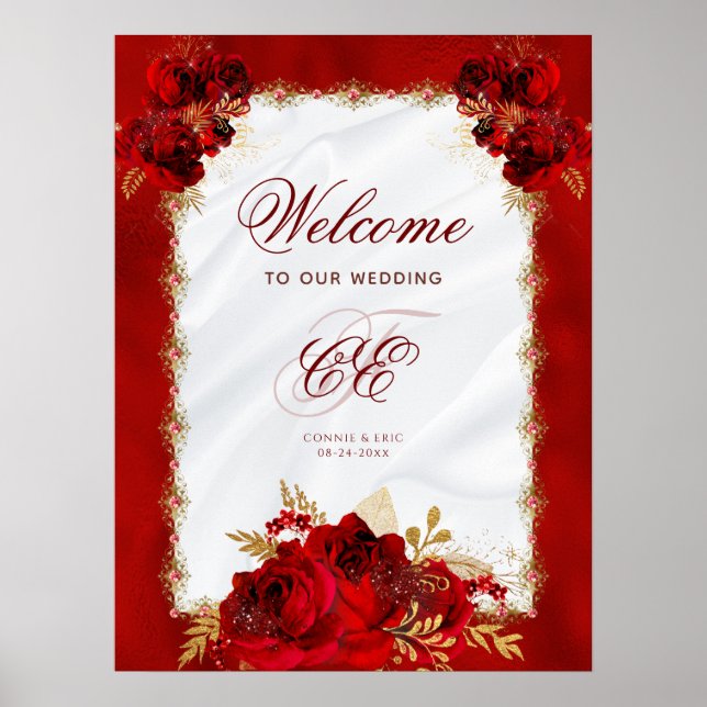 Affiche Élégant Mariage Floral Rouge or (Devant)