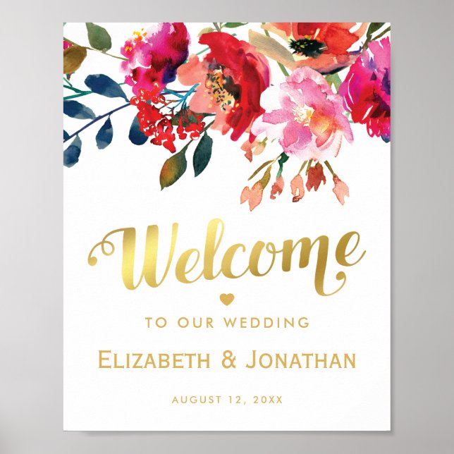 Affiche Élégant Mariage Floral White Gold Welcome (Devant)