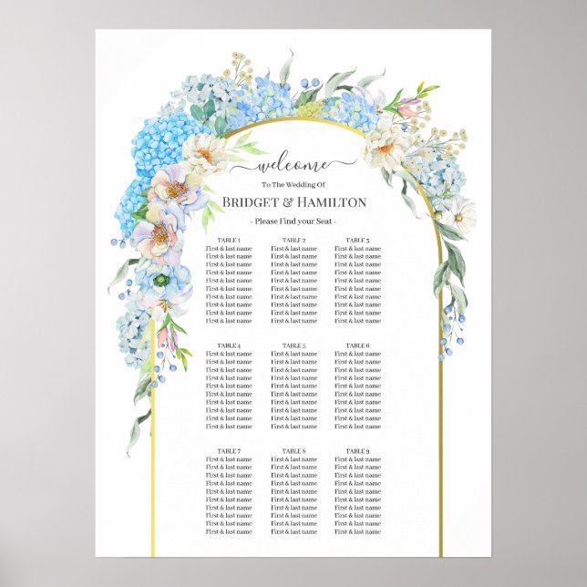 Affiche Élégant Mariage Hydrangea Blue Carte de siège (Devant)
