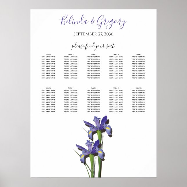 Affiche Élégant Mariage Iris Purple Carte de siège (Devant)