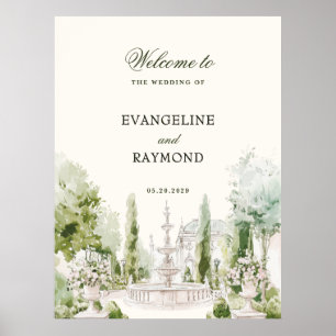 Affiche Élégant mariage manoir jardin aquarelle