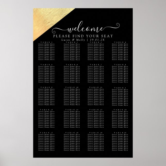 Affiche Elégant Mariage moderne Black & Gold Foil Siège (Devant)