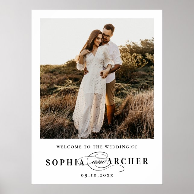 Affiche Élégant mariage noir et blanc Bienvenue Script (Devant)