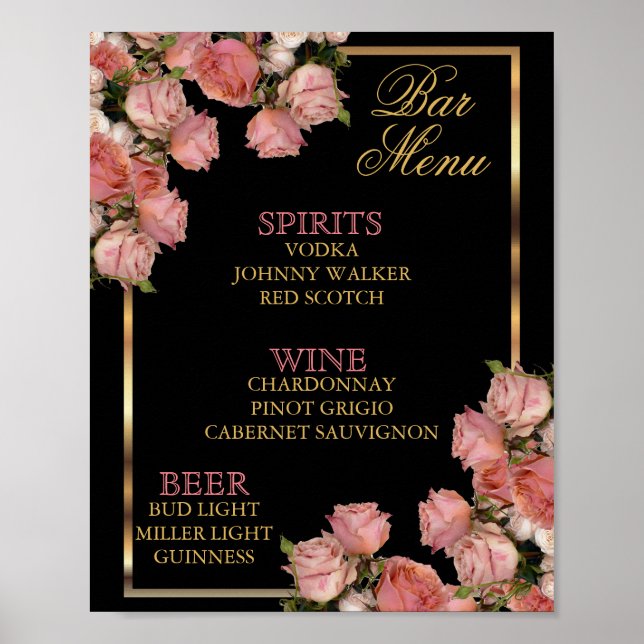 Affiche Élégant Mariage rose Roses - Menu Bar (Devant)