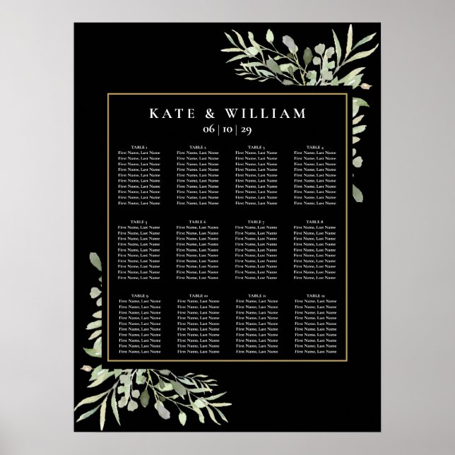 Affiche Elégant Mariage Verdure Black Gold Seating Chart (Devant)