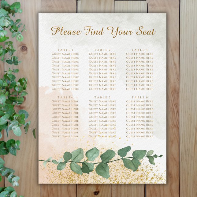 Affiche Élégant Mariage Vert & Or (Elegant Green & Gold Photo Wedding Seating Chart (6 Tables))