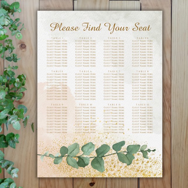 Affiche Élégant Mariage Vert & Or (Elegant Green & Gold Photo Wedding Seating Chart (12 Tables))