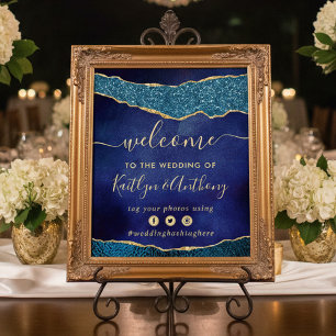 Affiche Elegant Marine Blue & Gold Agate Mariage Bienvenue