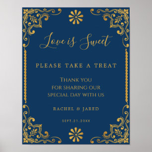 Affiche Élégant Marine Blue Gold Frame Mariage Faveurs Sig