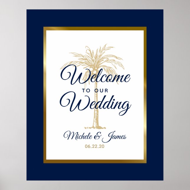 Affiche Elégant Marine Blue Gold Palm Tree Mariage Bienven (Devant)