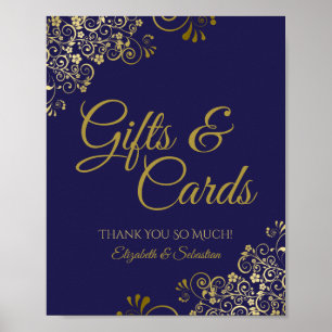 Affiche Elégant Marine Blue & Gold Wedding Cadeaux & Carte